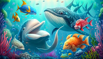 Fototapeta na wymiar illustratiillustration of the cartoon ocean creatureson of the cartoon ocean creatures