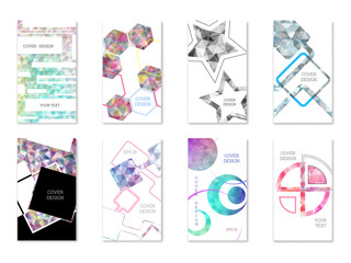 Fototapeta premium Cover design. Set of 8 covers. Imitation of crumpled paper. Unusual bright abstract background for magazine, book, splash, banner, vector. Imitation of crumpled paper
