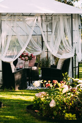 Backyard gazebo canopy tent lounge set relax zone in august, swedish garden