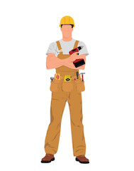 Contractor Worker, Handyman In Overall And Tool Belt Holding Drill, Repair Craftsman Illustration