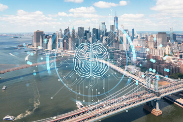 Aerial panoramic city view of Lower Manhattan. Brooklyn and Manhattan bridges over East River, New York, USA. Artificial Intelligence concept, hologram. AI, machine learning, neural network, robotics
