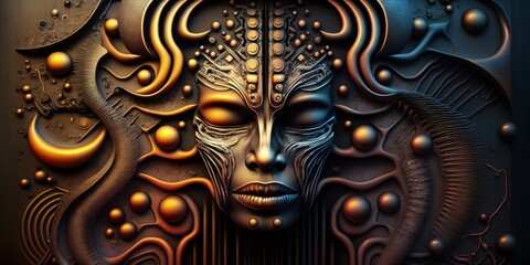 metallic fantasy alien portrait with mayan ornaments, generative ai