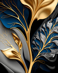 Modern digital art wall canvas poster. liquid wavy blue, golden, and gray shapes with tree leaves