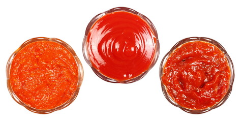Set paprika sauce (Pesto alla calabrese), red ketchup and Bolognese tomato sauce in glass bowl...