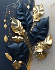 Modern digital art wall canvas poster. liquid wavy blue, golden, and gray shapes with tree leaves