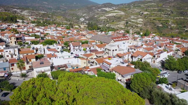 Aerial view of Omodos with Monastery of Holy Cross, Troodos Mountains on Cyprus