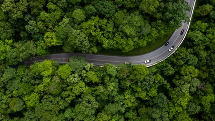 Wall murals Road in forest Aerial view green forest with car on the asphalt road, Car drive on the road in the middle of forest trees, Forest road going through forest with car.