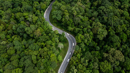 Aerial view green forest with car on the asphalt road, Car drive on the road in the middle of forest trees, Forest road going through forest with car.