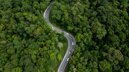 Fotobehang Bospad Aerial view green forest with car on the asphalt road, Car drive on the road in the middle of forest trees, Forest road going through forest with car.  © Kalyakan