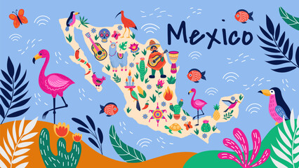Fototapeta na wymiar Mexico art. Mexican travel map with animals and country attributes. Llama and turtle. Muertos skull. Nature and traditional holidays. Pinata party. Vector cartoon tidy banner design