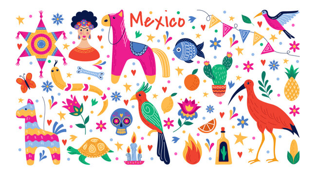 Mexico art pattern, mexican stickers. Nature flowers, sombrero and funny animals, travel festival banner, holiday floral card. Celebrate symbols. Vector cartoon illustration tidy collection