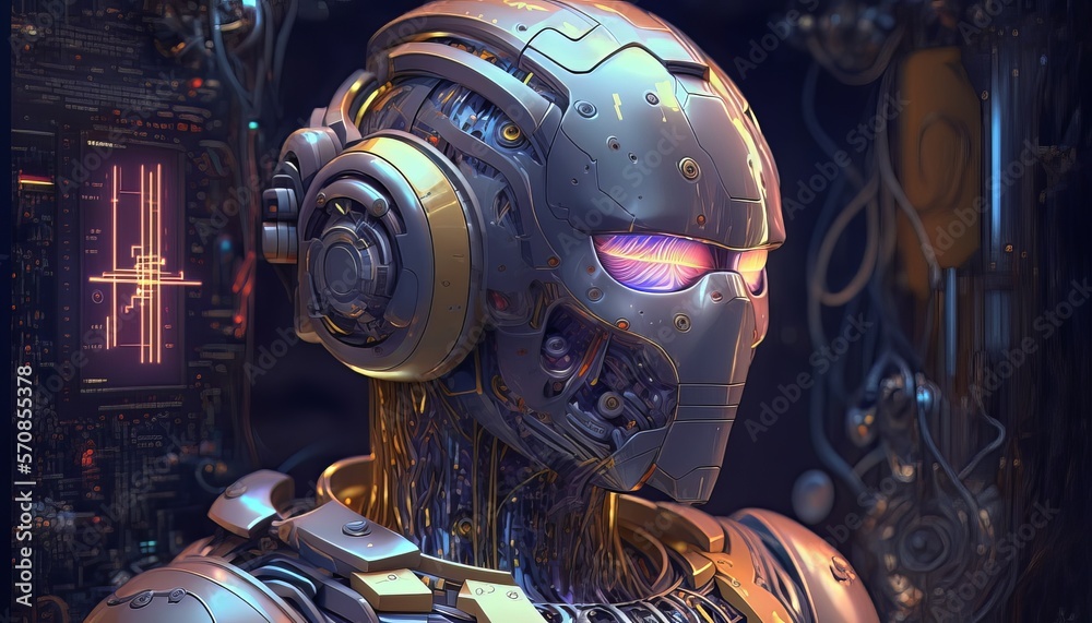 Poster Smart mind intelligence robot design background. Futuristic cyber robotic machine smart mind. Generative AI technology.
