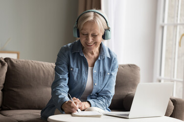 Happy senior freelance woman working from home, talking on video call, taking notes. Older student lady sitting on cozy couch, writing in copybook at laptop, watching learning webinar
