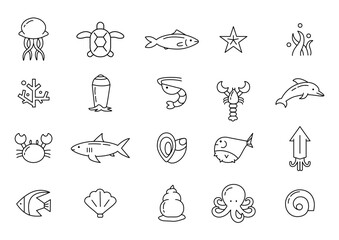 Sea fish. Ocean animal icons. Seafood outline symbols. Octopus and shell. Jellyfish in coral. Starfish and seaweed. Underwater nature. Oyster and crab. Vector line recent pictograms set