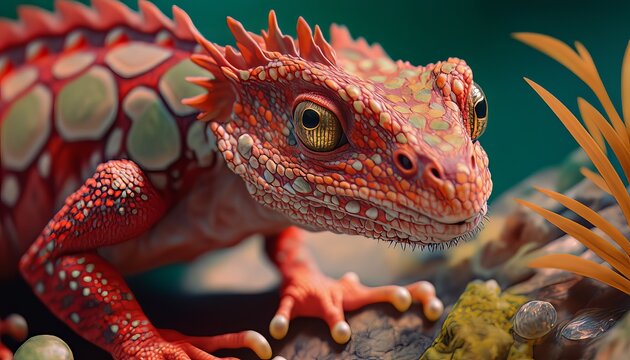 Ilustração do Stock: Red lizard reptile. Nature wildlife animal background.  Generative AI technology. | Adobe Stock