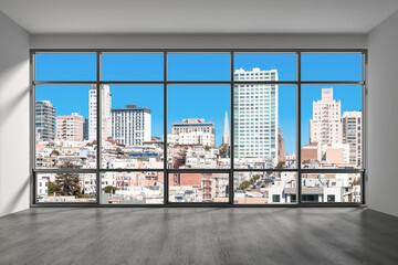Obraz na płótnie Canvas Empty room Interior Skyscrapers View Cityscape. Downtown San Francisco City Skyline Buildings from High Rise Window. Beautiful California Real Estate. Day time. 3d rendering.