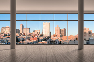 Obraz na płótnie Canvas Empty room Interior Skyscrapers View Cityscape. Downtown San Francisco City Skyline Buildings from High Rise Window. Beautiful California Real Estate. Sunset. 3d rendering.