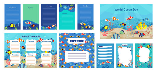 Big set of vector templates planner, to do list, marine design exotic fish. Organizer of the school timetable lessons.