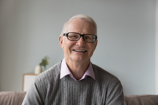 Happy positive old retired man in glasses sitting on couch at home, looking at camera, smiling, laughing. Male head shot portrait. Pensioner speaking on video call conversation. Screen photo