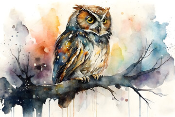 owl on a branch, horned owl, owl illustation. watercolor illustation, generative AI