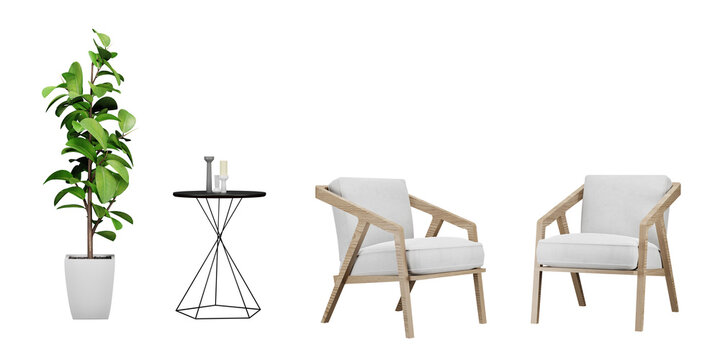 Set of interior furniture on transparent background, armchair, black table, plant in pot, 3d render illustration.