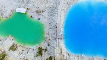 Beautiful kaolin lake in Bangka Indonesia, Blue lake kaolin quarry with turquoise water
