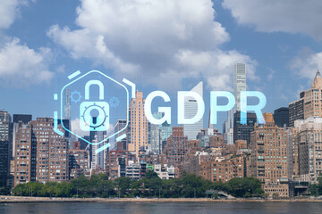 New York City skyline from Roosevelt Island over the East river towards skyscrapers of Midtown Manhattan, day time. GDPR hologram, concept of data protection, regulation, privacy for all individuals