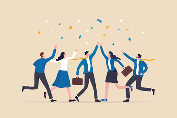 Employee, organization or company worker, team or teamwork success together, staff partnership or community concept, success businessman, businesswoman colleague high five for winning celebration. - 570856308