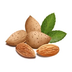 Mendal illustration, nuts in shell and peeled, with two mandal leaves in the background, set separately on a white background, digital freehand drawing.