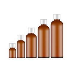 Set of Amber Plastic Round Bottles, Isolated on White Background. Vector Illustration