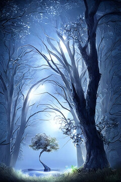 Haunted tree glowing sky in dark
