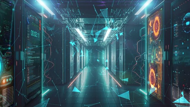 Futuristic featuring a long, modern server room hallway, this video offers a glimpse into the technology that powers our lives