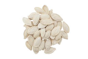 Heap of pumpkin seeds isolated on white background. File contains clipping path. Top view.