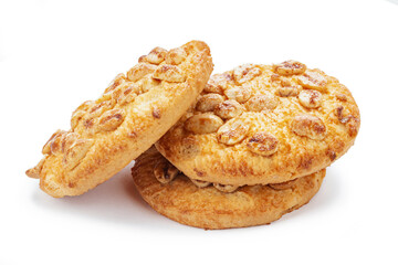 Round fresh cookie caramel with peanuts isolated on white background. Delicious peanut circle shaped cookies.