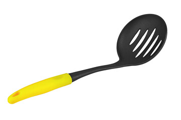 Kitchen utensils spoon with slots, slotted spoon isolated on white background. Kitchen skimmers.