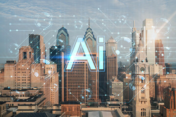 Aerial skyline of Philadelphia financial downtown, Pennsylvania, USA. City Hall Clock Tower, sunrise. Hologram of Artificial Intelligence concept. AI, machine learning, neural network, robotics