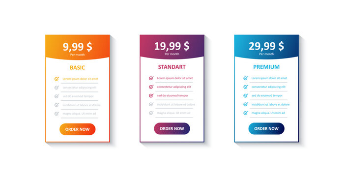 Tarrifs plan banner list. Banners with pricing discount and feature checklist. Basic, standart and premium. Vector EPS 10