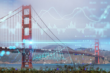 Naklejka na ściany i meble Iconic view of the Golden Gate Bridge from South side, day time, San Francisco, California, United States. Forex graph, charts hologram. Concept of internet trading, brokerage, fundamental analysis