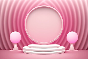Beautiful ed Pink Podium in Pink Interior Studio with White Glowing Ring and Bubble Spheres for Backgrounds Product Presentations Interiors Illustration Eps 10