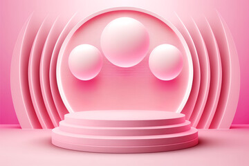 Beautiful ed Pink Podium in Pink Interior Studio with White Glowing Ring and Bubble Spheres for Backgrounds Product Presentations Interiors Illustration Eps 10