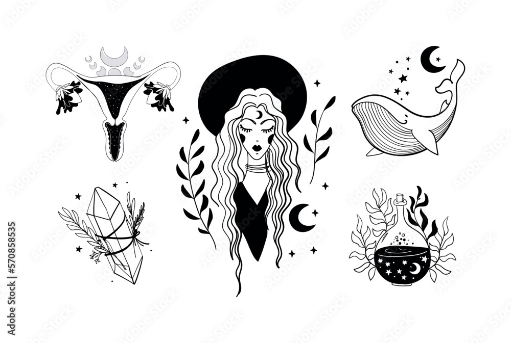 Wall mural set of mystical boho boho icons. beautiful witch girl with magical symbols womb, whale, potion, crys