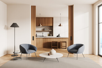 Light studio interior with chill and cooking area, panoramic window