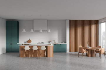 Front view on bright kitchen room interior with dining table