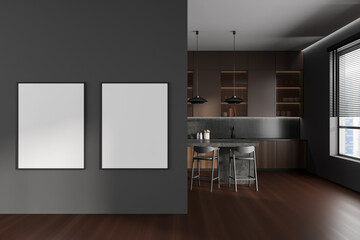 Dark kitchen interior with bar island and panoramic window. Mockup frames
