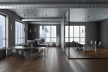 Office interior with conference and coworking area near panoramic window