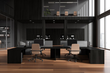 Workspace interior with coworking and conference area, panoramic window