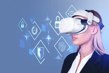 Businesswoman in vr glasses, cybersecurity hologram with digital