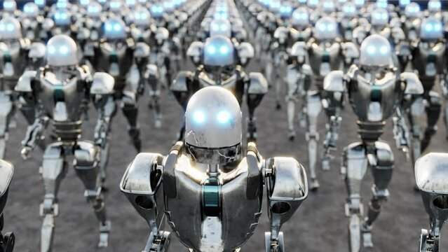 3d animation loop of rows of similar cyborgs walking together
