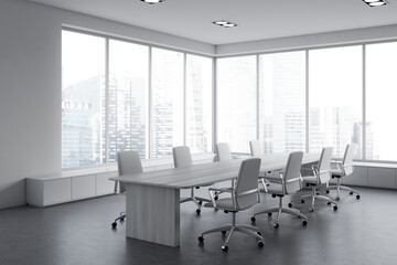 Light office room interior with meeting board and panoramic window
