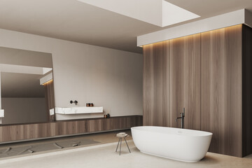 Naklejka na ściany i meble Light bathroom interior with washbasin and tub, accessories. Empty wall